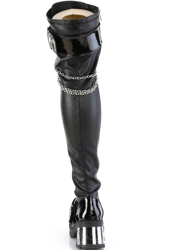 BRATTY-304 [Black Vegan Leather] | BOOTS [PREORDER] - Beserk - all, black, boots, boots [preorder], buckle, buckles, chain, chains, clickfrenzy15-2023, demonia, demonia shoes, discountapp, fp, googleshopping, goth, gothic, labelpreorder, labelvegan, long boots, ppo, preorder, shoes, thigh high boots, vegan
