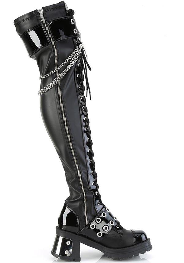 BRATTY-304 [Black Vegan Leather] | BOOTS [PREORDER] - Beserk - all, black, boots, boots [preorder], buckle, buckles, chain, chains, clickfrenzy15-2023, demonia, demonia shoes, discountapp, fp, googleshopping, goth, gothic, labelpreorder, labelvegan, long boots, ppo, preorder, shoes, thigh high boots, vegan