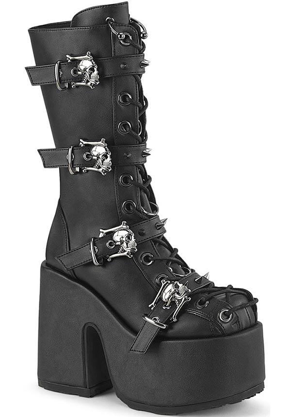 CAMEL-115 [Black Vegan Leather] | PLATFORM BOOTS [PREORDER] - Beserk - all, black, boot, boots, boots [preorder], clickfrenzy15-2023, demonia, demonia shoes, discountapp, fp, googleshopping, goth, gothic, labelpreorder, labelvegan, long boots, mid calf boots, platform, platform boots, platforms, platforms [preorder], ppo, preorder, shoes, skull, skulls, spike, spiked, spikes, spikey, vegan