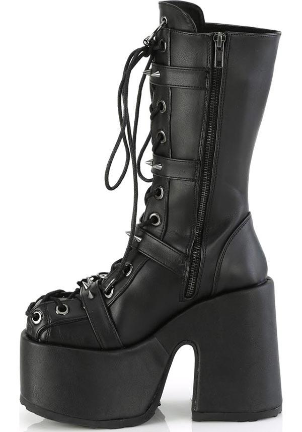 CAMEL-115 [Black Vegan Leather] | PLATFORM BOOTS [PREORDER] - Beserk - all, black, boot, boots, boots [preorder], clickfrenzy15-2023, demonia, demonia shoes, discountapp, fp, googleshopping, goth, gothic, labelpreorder, labelvegan, long boots, mid calf boots, platform, platform boots, platforms, platforms [preorder], ppo, preorder, shoes, skull, skulls, spike, spiked, spikes, spikey, vegan