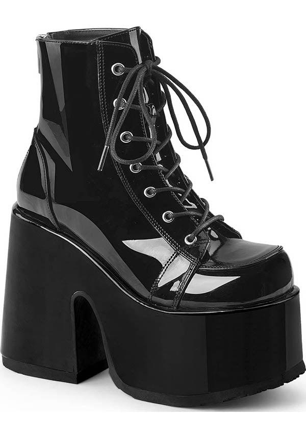 CAMEL-203 [Black Patent] | PLATFORM BOOTS [IN STOCK] - Beserk - all, ankle boots, black, boot, boots, boots [in stock], chunky, clickfrenzy15-2023, demonia, demonia shoes, discountapp, dm18082022, fp, goth, gothic, halloween, in stock, instock, labelinstock, labelvegan, lace up, patent, platform, platforms, platforms [in stock], pleaserrestock, punk, shiny, shoes, vegan, winter