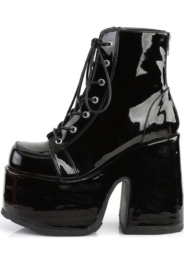 CAMEL-203 [Black Patent] | PLATFORM BOOTS [PREORDER] - Beserk - all, ankle boots, black, boot, boots, boots [preorder], chunky, clickfrenzy15-2023, demonia, demonia shoes, discountapp, fp, goth, gothic, halloween, labelpreorder, labelvegan, lace up, patent, platform, platforms, platforms [preorder], ppo, preorder, shiny, shoes, vegan