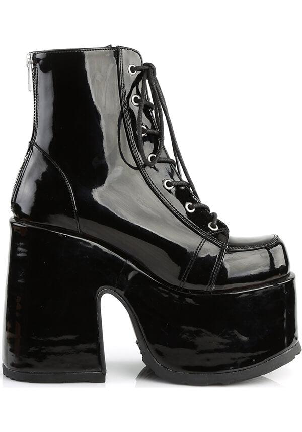 CAMEL-203 [Black Patent] | PLATFORM BOOTS [IN STOCK] - Beserk - all, ankle boots, black, boot, boots, boots [in stock], chunky, clickfrenzy15-2023, demonia, demonia shoes, discountapp, dm18082022, fp, goth, gothic, halloween, in stock, instock, labelinstock, labelvegan, lace up, patent, platform, platforms, platforms [in stock], pleaserrestock, punk, shiny, shoes, vegan, winter