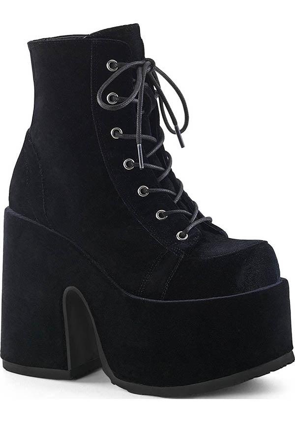 CAMEL-203 [Black Velvet] | PLATFORM BOOTS [PREORDER] - Beserk - all, ankle boots, black, boot, boots, boots [preorder], clickfrenzy15-2023, demonia, demonia shoes, discountapp, fp, goth, gothic, halloween, labelpreorder, labelvegan, platform, platforms, platforms [preorder], ppo, preorder, shoes, vegan, velvet