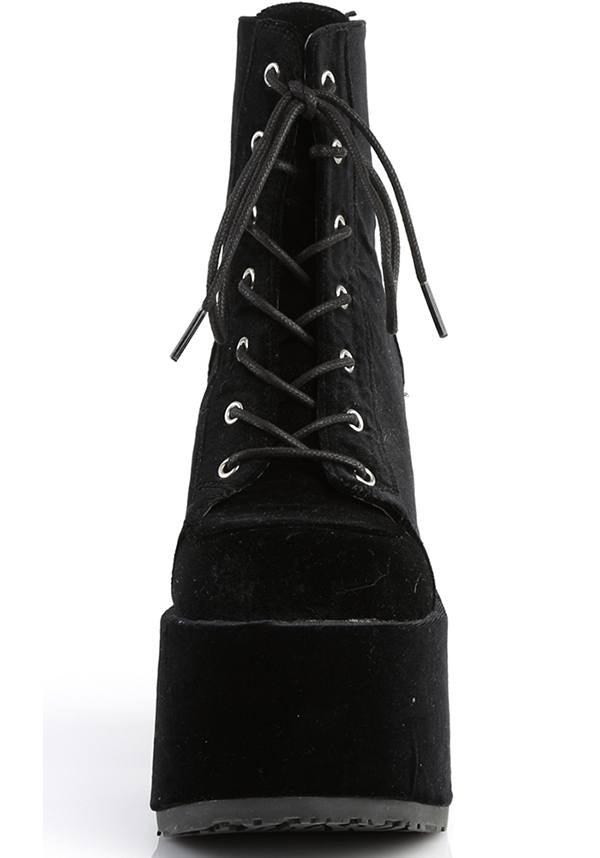 CAMEL-203 [Black Velvet] | PLATFORM BOOTS [PREORDER] - Beserk - all, ankle boots, black, boot, boots, boots [preorder], clickfrenzy15-2023, demonia, demonia shoes, discountapp, fp, goth, gothic, halloween, labelpreorder, labelvegan, platform, platforms, platforms [preorder], ppo, preorder, shoes, vegan, velvet