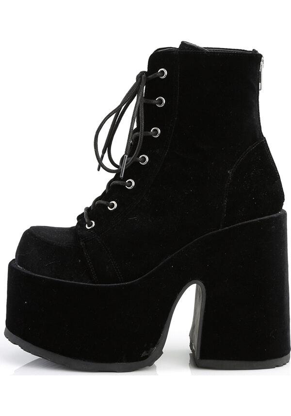 CAMEL-203 [Black Velvet] | PLATFORM BOOTS [PREORDER] - Beserk - all, ankle boots, black, boot, boots, boots [preorder], clickfrenzy15-2023, demonia, demonia shoes, discountapp, fp, goth, gothic, halloween, labelpreorder, labelvegan, platform, platforms, platforms [preorder], ppo, preorder, shoes, vegan, velvet