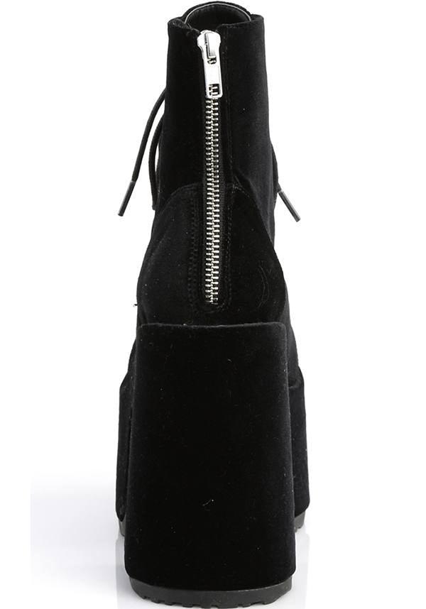 CAMEL-203 [Black Velvet] | PLATFORM BOOTS [PREORDER] - Beserk - all, ankle boots, black, boot, boots, boots [preorder], clickfrenzy15-2023, demonia, demonia shoes, discountapp, fp, goth, gothic, halloween, labelpreorder, labelvegan, platform, platforms, platforms [preorder], ppo, preorder, shoes, vegan, velvet
