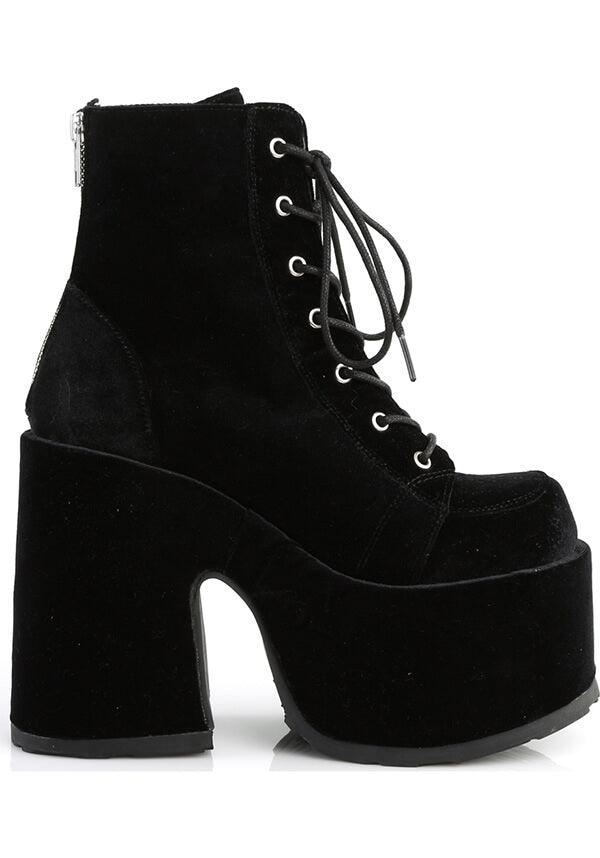 CAMEL-203 [Black Velvet] | PLATFORM BOOTS [PREORDER] - Beserk - all, ankle boots, black, boot, boots, boots [preorder], clickfrenzy15-2023, demonia, demonia shoes, discountapp, fp, goth, gothic, halloween, labelpreorder, labelvegan, platform, platforms, platforms [preorder], ppo, preorder, shoes, vegan, velvet
