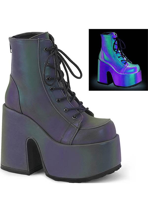 CAMEL-203 [Green Multi Reflective] | PLATFORM BOOTS [PREORDER] - Beserk - 420sale, all, all ladies, ankle boots, black, boots, boots [preorder], clickfrenzy15-2023, demonia, demonia shoes, discountapp, festival, fp, goth, gothic, green, labelpreorder, labelvegan, ladies, platform, platform boots, platform heels, platforms, platforms [preorder], ppo, preorder, purple, reflective, shoes, vegan