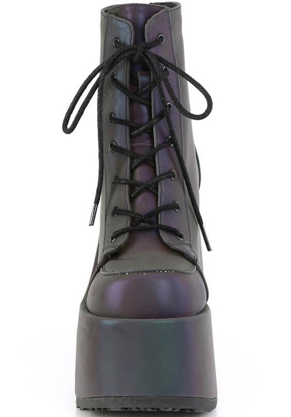 CAMEL-203 [Green Multi Reflective] | PLATFORM BOOTS [PREORDER] - Beserk - 420sale, all, all ladies, ankle boots, black, boots, boots [preorder], clickfrenzy15-2023, demonia, demonia shoes, discountapp, festival, fp, goth, gothic, green, labelpreorder, labelvegan, ladies, platform, platform boots, platform heels, platforms, platforms [preorder], ppo, preorder, purple, reflective, shoes, vegan