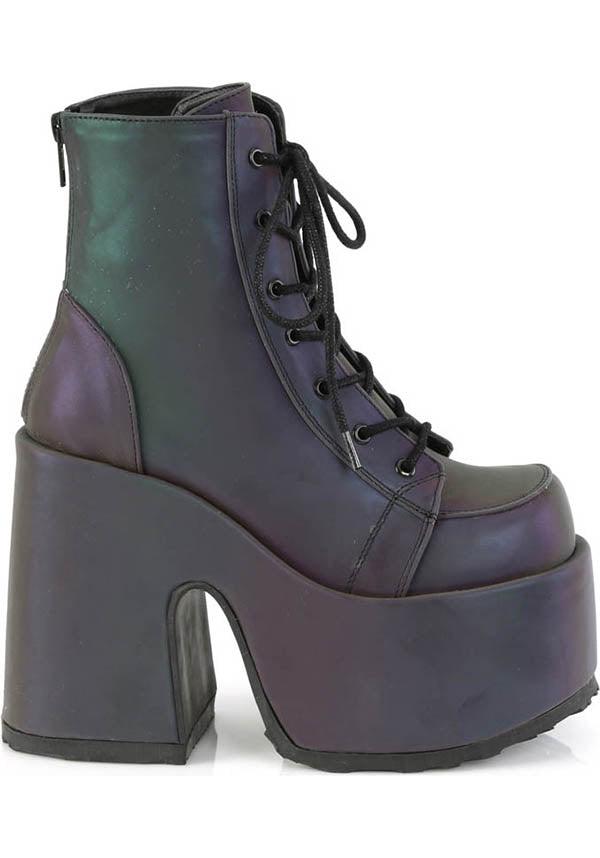 CAMEL-203 [Green Multi Reflective] | PLATFORM BOOTS [PREORDER] - Beserk - 420sale, all, all ladies, ankle boots, black, boots, boots [preorder], clickfrenzy15-2023, demonia, demonia shoes, discountapp, festival, fp, goth, gothic, green, labelpreorder, labelvegan, ladies, platform, platform boots, platform heels, platforms, platforms [preorder], ppo, preorder, purple, reflective, shoes, vegan