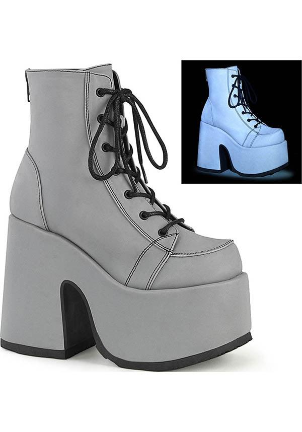 Demonia Shoes CAMEL 203 Grey Reflective Platform Boots Buy Online Australia
