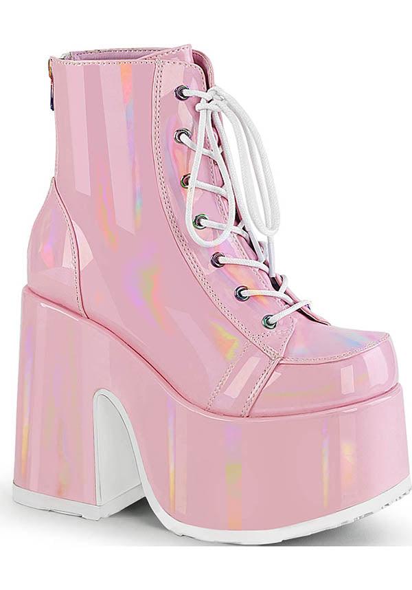 CAMEL-203 [Pink Holo] | PLATFORM BOOTS [PREORDER] - Beserk - all, ankle boots, baby pink, boot, boots, boots [preorder], chunky, clickfrenzy15-2023, colour:pink, demonia, demonia shoes, discountapp, fp, harajuku, holo, hologram, holographic, kawaii, labelpreorder, labelvegan, pastel, pastel goth, pastel pink, patent, pink, platform, platform boots, platforms, platforms [preorder], pleaserimageupdated, ppo, preorder, pricematched, shiny, shoes, vegan