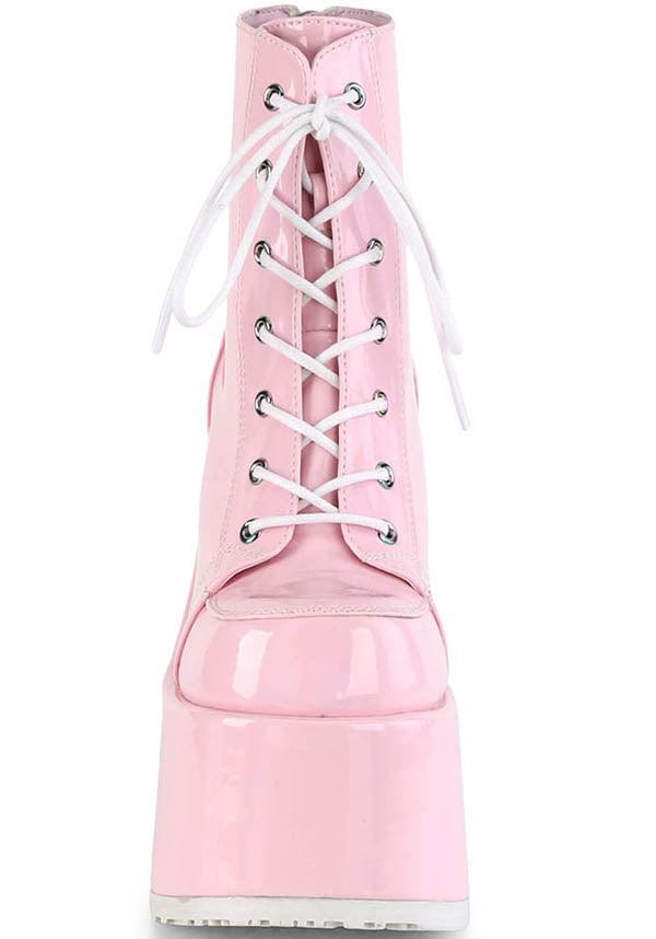 CAMEL-203 [Pink Holo] | PLATFORM BOOTS [PREORDER] - Beserk - all, ankle boots, baby pink, boot, boots, boots [preorder], chunky, clickfrenzy15-2023, colour:pink, demonia, demonia shoes, discountapp, fp, harajuku, holo, hologram, holographic, kawaii, labelpreorder, labelvegan, pastel, pastel goth, pastel pink, patent, pink, platform, platform boots, platforms, platforms [preorder], pleaserimageupdated, ppo, preorder, pricematched, shiny, shoes, vegan