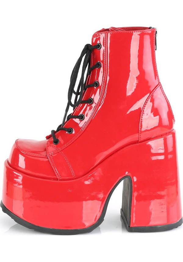 CAMEL-203 [Red Patent] | PLATFORM BOOTS [PREORDER] - Beserk - all, ankle boots, boot, boots, boots [preorder], clickfrenzy15-2023, colour:red, demonia, demonia shoes, discountapp, fp, gothic, labelpreorder, labelvegan, platform, platform boots, platform heels, platforms, platforms [preorder], pleaserimageupdated, ppo, preorder, red, shiny, shoe, shoes, vegan