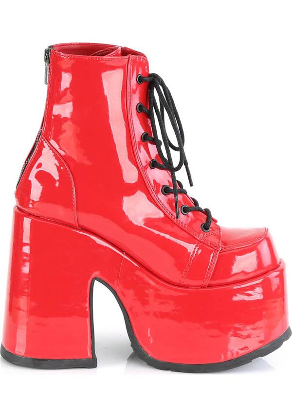 CAMEL-203 [Red Patent] | PLATFORM BOOTS [PREORDER] - Beserk - all, ankle boots, boot, boots, boots [preorder], clickfrenzy15-2023, colour:red, demonia, demonia shoes, discountapp, fp, gothic, labelpreorder, labelvegan, platform, platform boots, platform heels, platforms, platforms [preorder], pleaserimageupdated, ppo, preorder, red, shiny, shoe, shoes, vegan