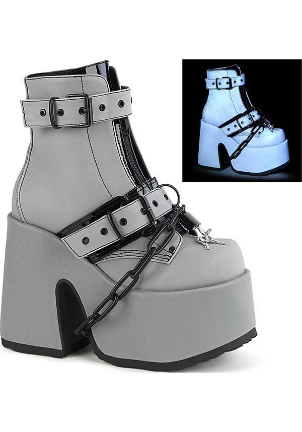 CAMEL-205 [Grey Reflective] | PLATFORMS [PREORDER] - Beserk - all, ankle boots, boot, boots, boots [preorder], clickfrenzy15-2023, demonia, demonia shoes, discountapp, fp, goth, gothic, grey, grunge, labelpreorder, labelvegan, platform, platforms, platforms [preorder], pleaserimageupdated, ppo, preorder, pricematched, punk, reflect, reflective, shoes, vegan