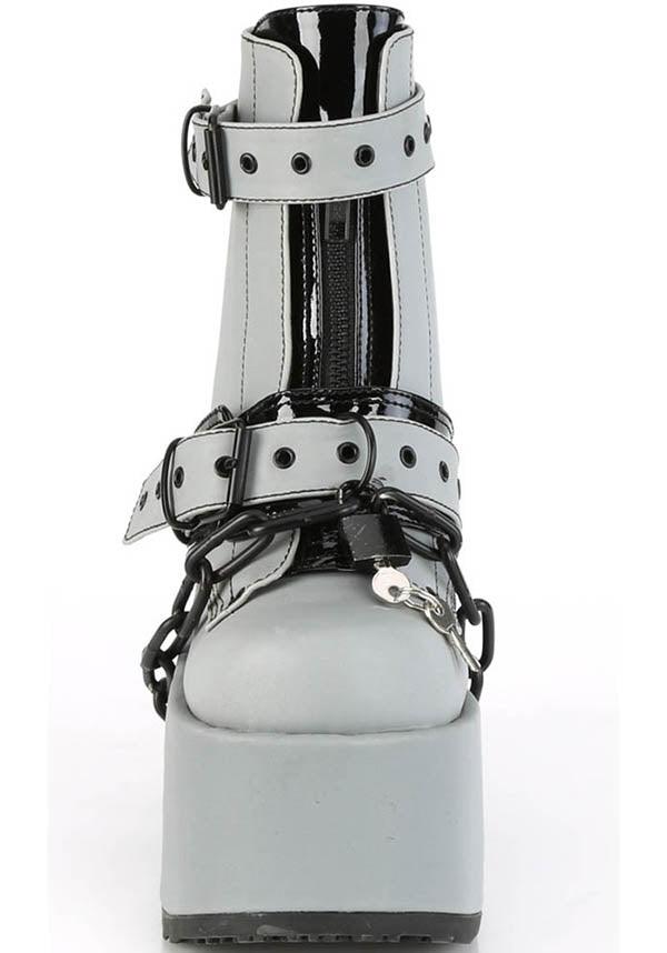 CAMEL-205 [Grey Reflective] | PLATFORMS [PREORDER] - Beserk - all, ankle boots, boot, boots, boots [preorder], clickfrenzy15-2023, demonia, demonia shoes, discountapp, fp, goth, gothic, grey, grunge, labelpreorder, labelvegan, platform, platforms, platforms [preorder], pleaserimageupdated, ppo, preorder, pricematched, punk, reflect, reflective, shoes, vegan