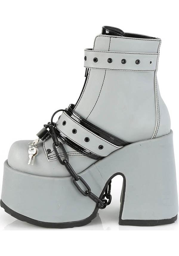 CAMEL-205 [Grey Reflective] | PLATFORMS [PREORDER] - Beserk - all, ankle boots, boot, boots, boots [preorder], clickfrenzy15-2023, demonia, demonia shoes, discountapp, fp, goth, gothic, grey, grunge, labelpreorder, labelvegan, platform, platforms, platforms [preorder], pleaserimageupdated, ppo, preorder, pricematched, punk, reflect, reflective, shoes, vegan