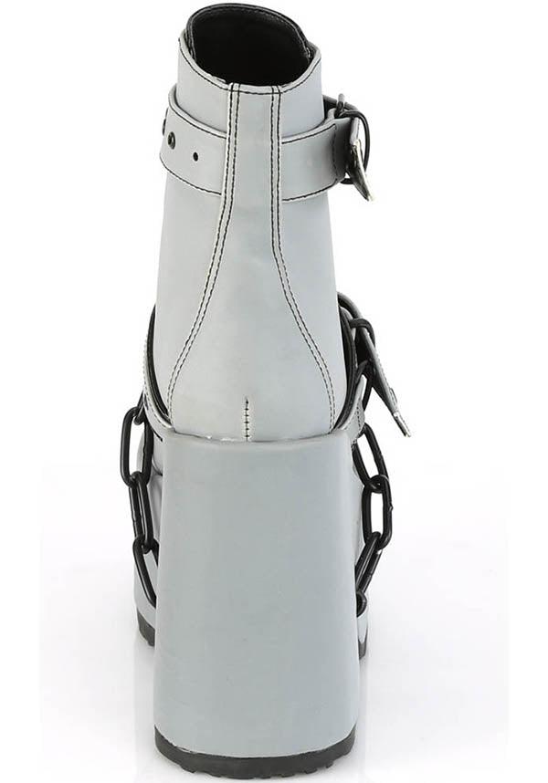 CAMEL-205 [Grey Reflective] | PLATFORMS [PREORDER] - Beserk - all, ankle boots, boot, boots, boots [preorder], clickfrenzy15-2023, demonia, demonia shoes, discountapp, fp, goth, gothic, grey, grunge, labelpreorder, labelvegan, platform, platforms, platforms [preorder], pleaserimageupdated, ppo, preorder, pricematched, punk, reflect, reflective, shoes, vegan