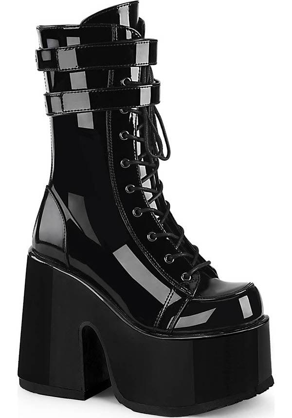CAMEL-250 [Black Patent] | BOOTS [PREORDER] - Beserk - all, black, boot, boots, boots [preorder], clickfrenzy15-2023, dec18, demonia, demonia shoes, discountapp, fetish, fp, goth, gothic, halloween, labelpreorder, labelvegan, mid calf boots, patent, platform, platform boots, platform heels, platforms, platforms [preorder], pleaserimageupdated, ppo, preorder, punk, shiny, shoes, techwear, vegan