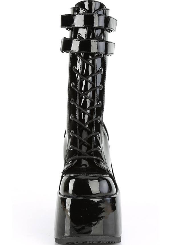 CAMEL-250 [Black Patent] | BOOTS [PREORDER] - Beserk - all, black, boot, boots, boots [preorder], clickfrenzy15-2023, dec18, demonia, demonia shoes, discountapp, fetish, fp, goth, gothic, halloween, labelpreorder, labelvegan, mid calf boots, patent, platform, platform boots, platform heels, platforms, platforms [preorder], pleaserimageupdated, ppo, preorder, punk, shiny, shoes, techwear, vegan