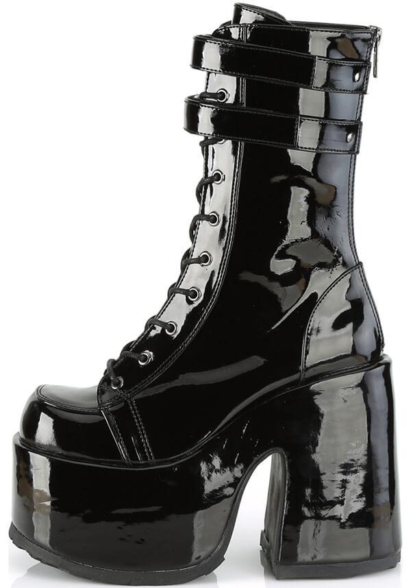 CAMEL-250 [Black Patent] | BOOTS [PREORDER] - Beserk - all, black, boot, boots, boots [preorder], clickfrenzy15-2023, dec18, demonia, demonia shoes, discountapp, fetish, fp, goth, gothic, halloween, labelpreorder, labelvegan, mid calf boots, patent, platform, platform boots, platform heels, platforms, platforms [preorder], pleaserimageupdated, ppo, preorder, punk, shiny, shoes, techwear, vegan