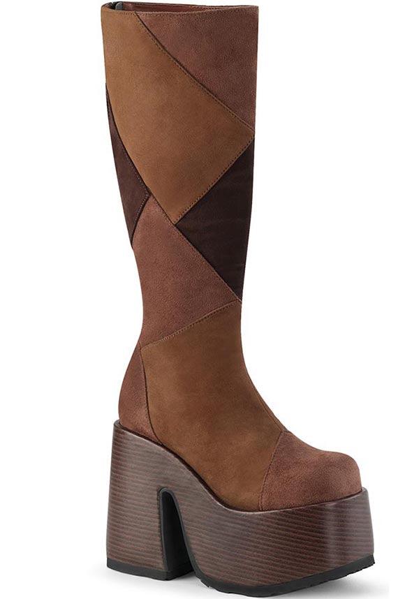 CAMEL-280 [Brown Multi Vegan Suede] | PLATFORM BOOTS [PREORDER] - Beserk - all, boots, boots [preorder], brown, clickfrenzy15-2023, demonia, demonia shoes, discountapp, fp, googleshopping, labelpreorder, labelvegan, long boots, mid calf boots, platform boots, platforms, platforms [preorder], ppo, preorder, shoes, vegan