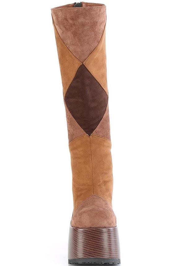 CAMEL-280 [Brown Multi Vegan Suede] | PLATFORM BOOTS [PREORDER] - Beserk - all, boots, boots [preorder], brown, clickfrenzy15-2023, demonia, demonia shoes, discountapp, fp, googleshopping, labelpreorder, labelvegan, long boots, mid calf boots, platform boots, platforms, platforms [preorder], ppo, preorder, shoes, vegan