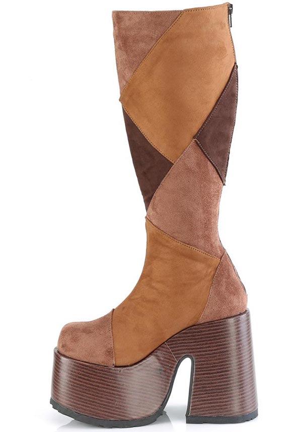 CAMEL-280 [Brown Multi Vegan Suede] | PLATFORM BOOTS [PREORDER] - Beserk - all, boots, boots [preorder], brown, clickfrenzy15-2023, demonia, demonia shoes, discountapp, fp, googleshopping, labelpreorder, labelvegan, long boots, mid calf boots, platform boots, platforms, platforms [preorder], ppo, preorder, shoes, vegan
