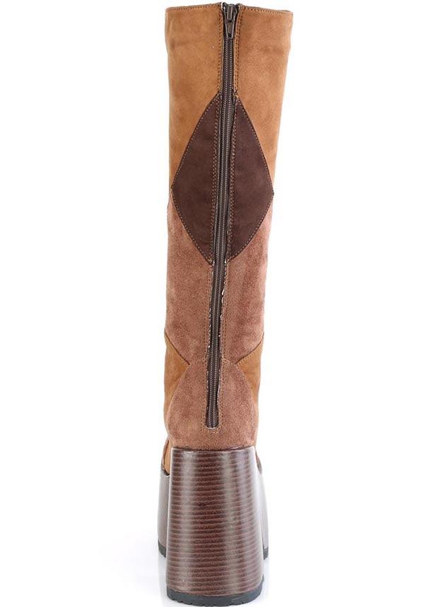 CAMEL-280 [Brown Multi Vegan Suede] | PLATFORM BOOTS [PREORDER] - Beserk - all, boots, boots [preorder], brown, clickfrenzy15-2023, demonia, demonia shoes, discountapp, fp, googleshopping, labelpreorder, labelvegan, long boots, mid calf boots, platform boots, platforms, platforms [preorder], ppo, preorder, shoes, vegan