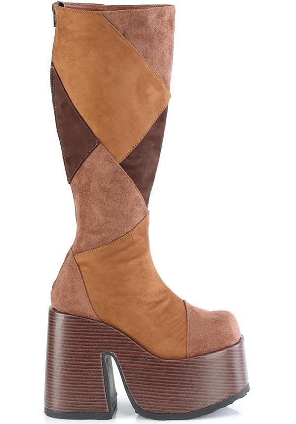 CAMEL-280 [Brown Multi Vegan Suede] | PLATFORM BOOTS [PREORDER] - Beserk - all, boots, boots [preorder], brown, clickfrenzy15-2023, demonia, demonia shoes, discountapp, fp, googleshopping, labelpreorder, labelvegan, long boots, mid calf boots, platform boots, platforms, platforms [preorder], ppo, preorder, shoes, vegan