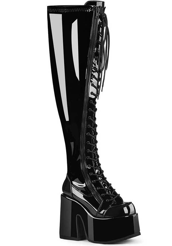 CAMEL-300WC [Black Pat] | WIDE CALF PLATFORM BOOTS [PREORDER] - Beserk - all, black, boots, boots [preorder], clickfrenzy15-2023, discountapp, fp, knee high boots, labelpreorder, labelvegan, long boots, patent, platform boots, platforms, platforms [preorder], ppo, preorder, shoes, vegan