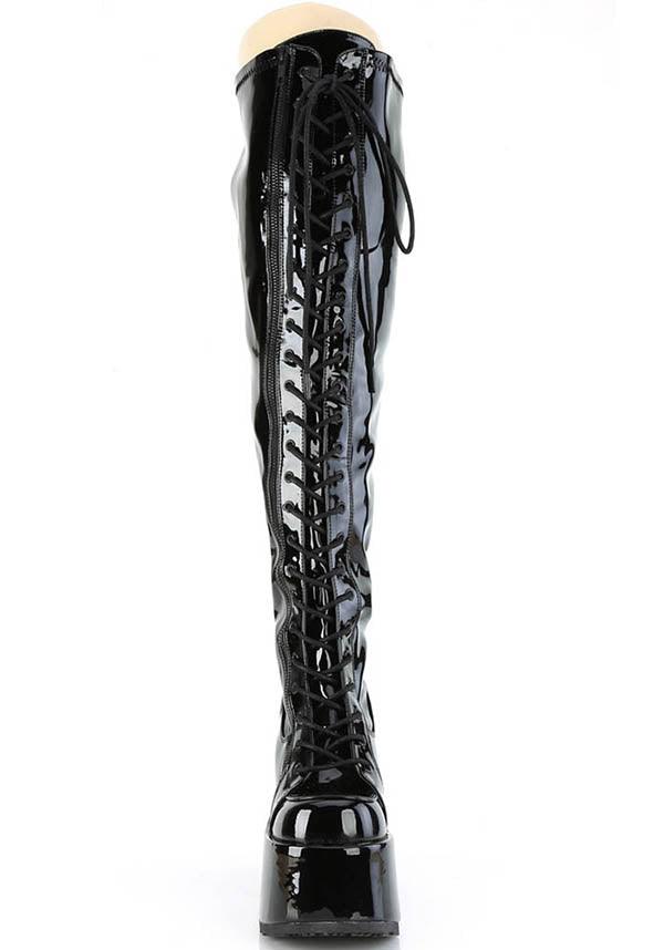 CAMEL-300WC [Black Pat] | WIDE CALF PLATFORM BOOTS [PREORDER] - Beserk - all, black, boots, boots [preorder], clickfrenzy15-2023, discountapp, fp, knee high boots, labelpreorder, labelvegan, long boots, patent, platform boots, platforms, platforms [preorder], ppo, preorder, shoes, vegan