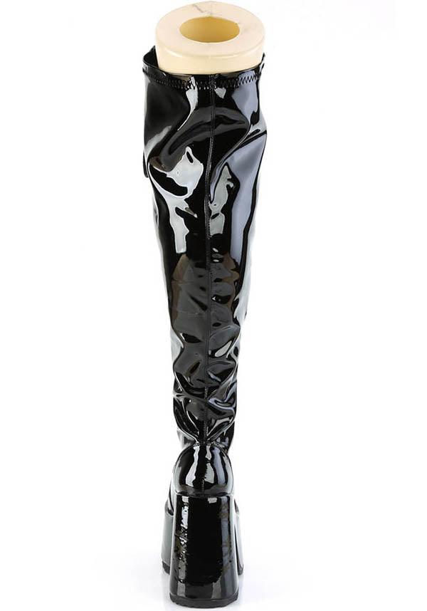 CAMEL-300WC [Black Pat] | WIDE CALF PLATFORM BOOTS [PREORDER] - Beserk - all, black, boots, boots [preorder], clickfrenzy15-2023, discountapp, fp, knee high boots, labelpreorder, labelvegan, long boots, patent, platform boots, platforms, platforms [preorder], ppo, preorder, shoes, vegan