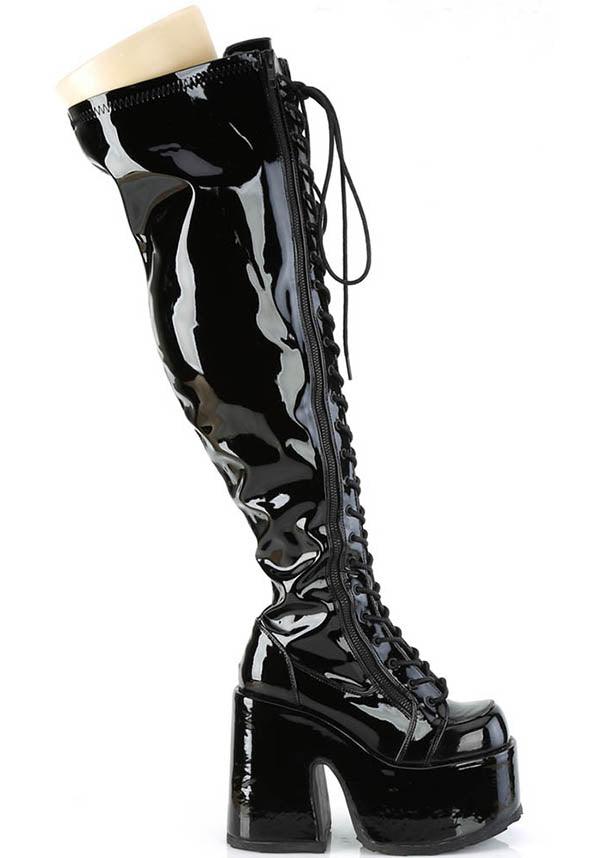 CAMEL-300WC [Black Pat] | WIDE CALF PLATFORM BOOTS [PREORDER] - Beserk - all, black, boots, boots [preorder], clickfrenzy15-2023, discountapp, fp, knee high boots, labelpreorder, labelvegan, long boots, patent, platform boots, platforms, platforms [preorder], ppo, preorder, shoes, vegan