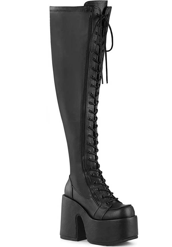 CAMEL-300WC [Black] | WIDE CALF PLATFORM BOOTS [PREORDER] - Beserk - all, black, boots, boots [preorder], clickfrenzy15-2023, discountapp, fp, goth, gothic, knee high boots, labelpreorder, labelvegan, long boots, platform boots, platforms, platforms [preorder], ppo, preorder, shoes, thigh high boots, vegan, wide calf