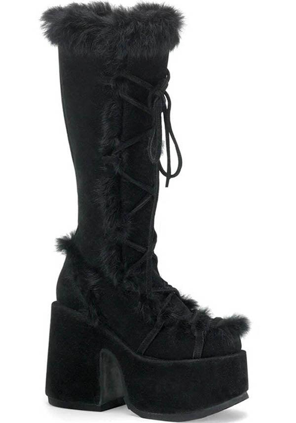 CAMEL-311 [Black] | PLATFORM BOOTS [PREORDER] - Beserk - all, all ladies, black, boots, boots [preorder], clickfrenzy15-2023, demonia, demonia shoes, discountapp, fluffy, fp, fur, goth, gothic, knee high boots, labelpreorder, labelvegan, ladies, long boots, platform, platform boots, platforms, platforms [preorder], pleaserimageupdated, ppo, preorder, shoes, vegan
