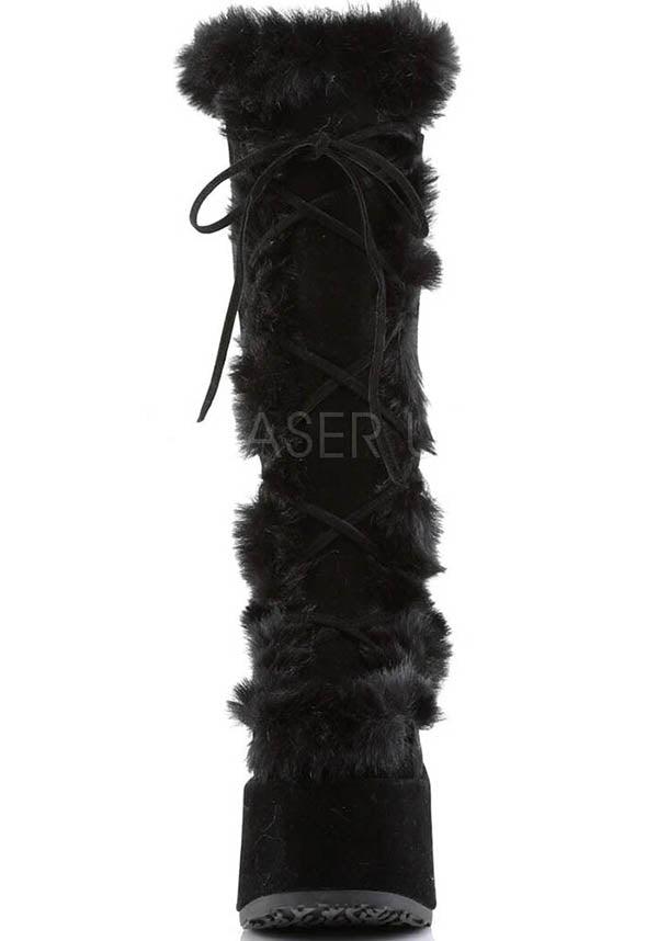 CAMEL-311 [Black] | PLATFORM BOOTS [PREORDER] - Beserk - all, all ladies, black, boots, boots [preorder], clickfrenzy15-2023, demonia, demonia shoes, discountapp, fluffy, fp, fur, goth, gothic, knee high boots, labelpreorder, labelvegan, ladies, long boots, platform, platform boots, platforms, platforms [preorder], pleaserimageupdated, ppo, preorder, shoes, vegan