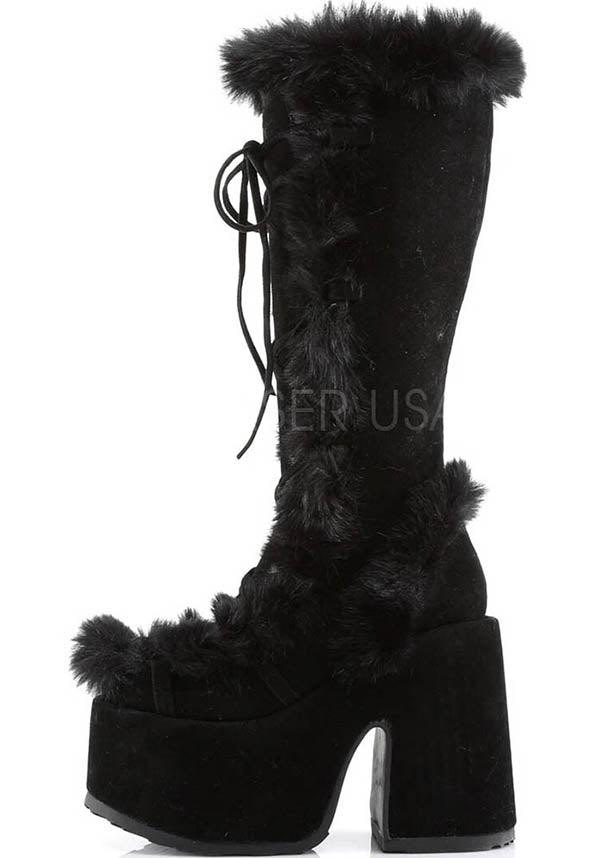 CAMEL-311 [Black] | PLATFORM BOOTS [PREORDER] - Beserk - all, all ladies, black, boots, boots [preorder], clickfrenzy15-2023, demonia, demonia shoes, discountapp, fluffy, fp, fur, goth, gothic, knee high boots, labelpreorder, labelvegan, ladies, long boots, platform, platform boots, platforms, platforms [preorder], pleaserimageupdated, ppo, preorder, shoes, vegan