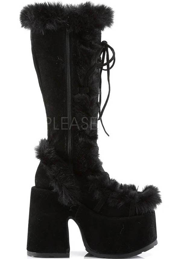 CAMEL-311 [Black] | PLATFORM BOOTS [PREORDER] - Beserk - all, all ladies, black, boots, boots [preorder], clickfrenzy15-2023, demonia, demonia shoes, discountapp, fluffy, fp, fur, goth, gothic, knee high boots, labelpreorder, labelvegan, ladies, long boots, platform, platform boots, platforms, platforms [preorder], pleaserimageupdated, ppo, preorder, shoes, vegan