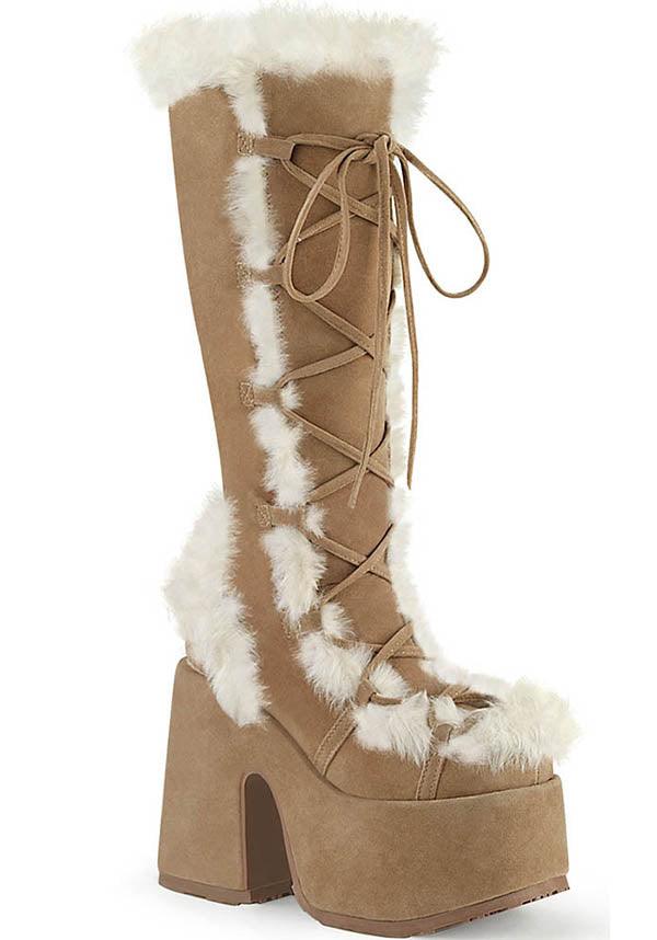 CAMEL-311 [Camel] | PLATFORM BOOTS [PREORDER] - Beserk - all, boots, boots [preorder], brown, clickfrenzy15-2023, demonia, demonia shoes, discountapp, fp, fur, heels, heels [preorder], knee high boots, labelpreorder, labelvegan, platform, platform [preorder], platform boots, platform heels, platforms, platforms [preorder], ppo, preorder, shoes, vegan, winter