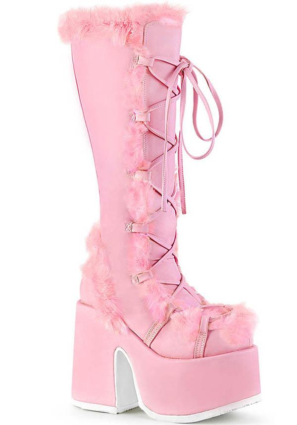 CAMEL-311 [Pastel Pink] | PLATFORM BOOTS [PREORDER] - Beserk - all, baby pink, boots, boots [preorder], clickfrenzy15-2023, demonia, demonia shoes, discountapp, fluffy, fp, fur, labelpreorder, labelvegan, light pink, long boots, pastel pink, pink, platform boots, platforms, platforms [preorder], ppo, preorder, shoes, vegan