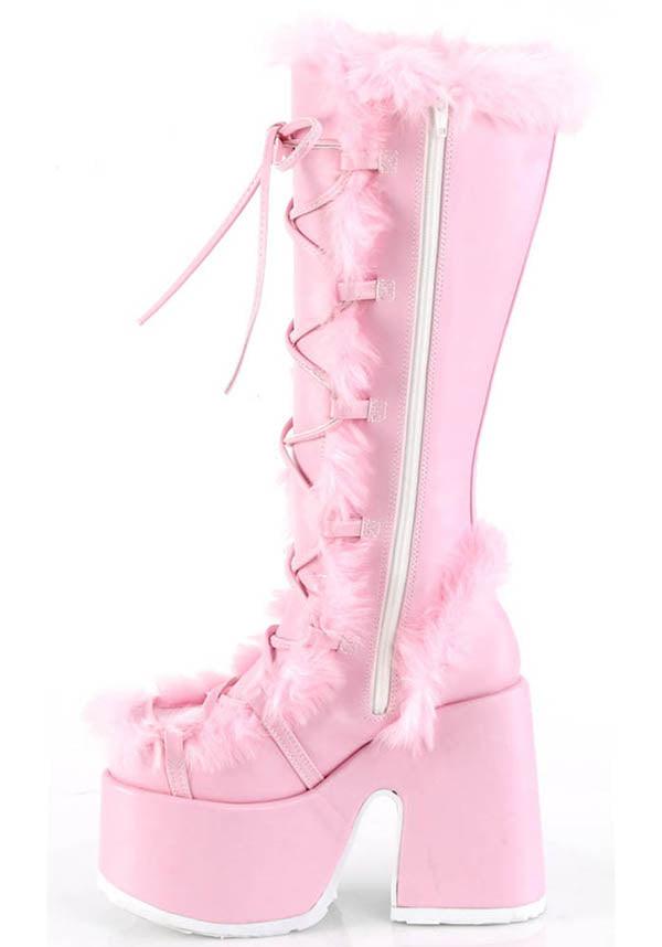 CAMEL-311 [Pastel Pink] | PLATFORM BOOTS [PREORDER] - Beserk - all, baby pink, boots, boots [preorder], clickfrenzy15-2023, demonia, demonia shoes, discountapp, fluffy, fp, fur, labelpreorder, labelvegan, light pink, long boots, pastel pink, pink, platform boots, platforms, platforms [preorder], ppo, preorder, shoes, vegan