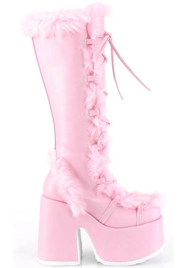 CAMEL-311 [Pastel Pink] | PLATFORM BOOTS [PREORDER] - Beserk - all, baby pink, boots, boots [preorder], clickfrenzy15-2023, demonia, demonia shoes, discountapp, fluffy, fp, fur, labelpreorder, labelvegan, light pink, long boots, pastel pink, pink, platform boots, platforms, platforms [preorder], ppo, preorder, shoes, vegan