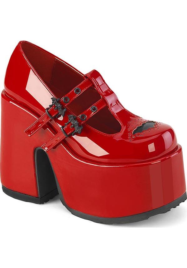 CAMEL-55 [Red Pat] | PLATFORM HEELS [PREORDER] - Beserk - all, bat, bats, clickfrenzy15-2023, demonia, demonia shoes, discountapp, fp, googleshopping, goth, gothic, heels, heels [preorder], labelpreorder, labelvegan, platform heels, platforms, platforms [preorder], ppo, preorder, red, red and black, shoes, vegan
