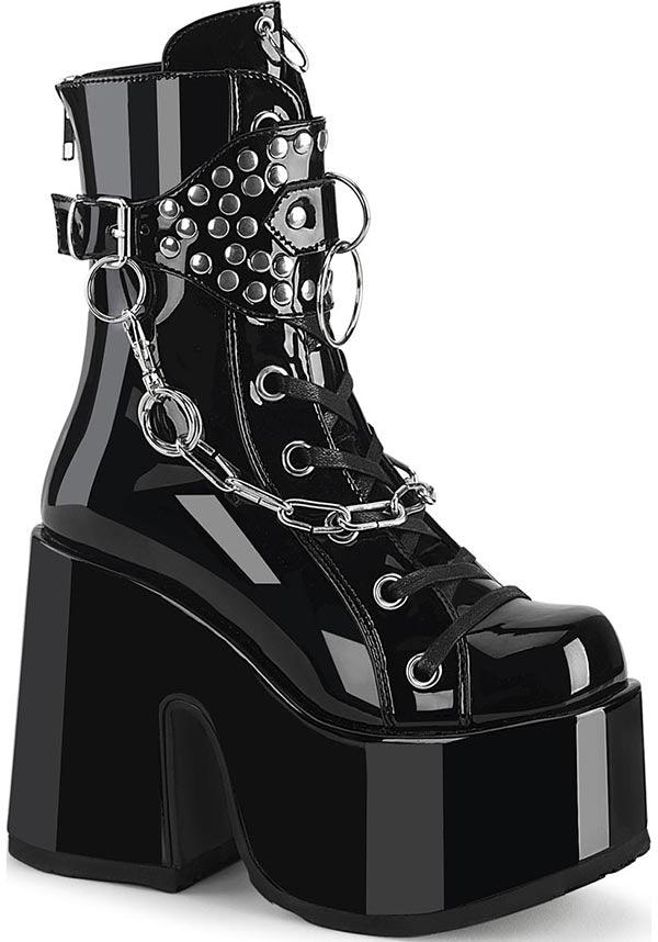 Demonia Mid Calf Boots Demonia Shoes CAMEL-65 Black Patent