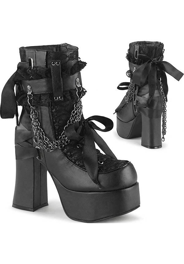 CHARADE-110 [Black] | BOOTS [PREORDER] - Beserk - all, ankle boots, black, boot, boots, boots [preorder], clickfrenzy15-2023, demonia, demonia shoes, discountapp, fp, goth, gothic, heels, heels [preorder], labelpreorder, labelvegan, lace, lacey, ladies, lolita, nov18, platforms, platforms [preorder], pleaserimageupdated, ppo, preorder, pricematched, shoes, vegan