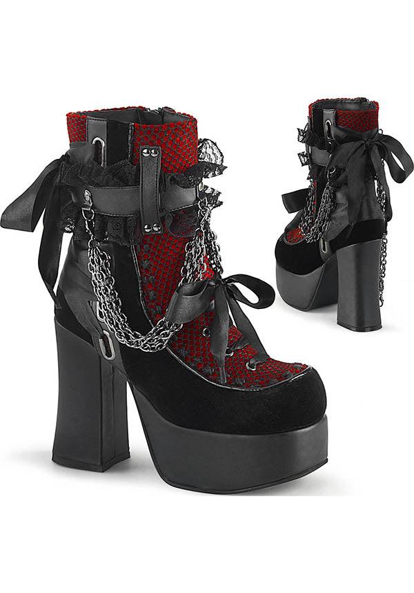 CHARADE-110 [Black Velvet/Red] | BOOTS [PREORDER] - Beserk - all, ankle boots, black, boot, boots, boots [preorder], clickfrenzy15-2023, demonia, demonia shoes, discountapp, fp, goth, gothic, halloween, jan19, labelpreorder, labelvegan, lace, lolita, platforms, platforms [preorder], pleaserimageupdated, ppo, preorder, pricematched, red, shoes, vegan, velvet, velvet shoe
