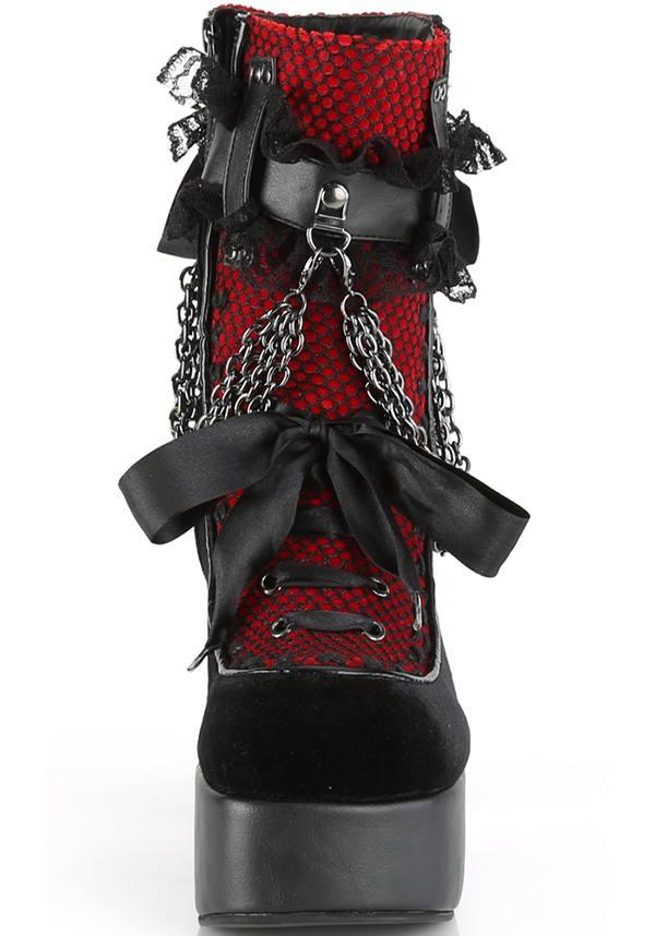 CHARADE-110 [Black Velvet/Red] | BOOTS [PREORDER] - Beserk - all, ankle boots, black, boot, boots, boots [preorder], clickfrenzy15-2023, demonia, demonia shoes, discountapp, fp, goth, gothic, halloween, jan19, labelpreorder, labelvegan, lace, lolita, platforms, platforms [preorder], pleaserimageupdated, ppo, preorder, pricematched, red, shoes, vegan, velvet, velvet shoe